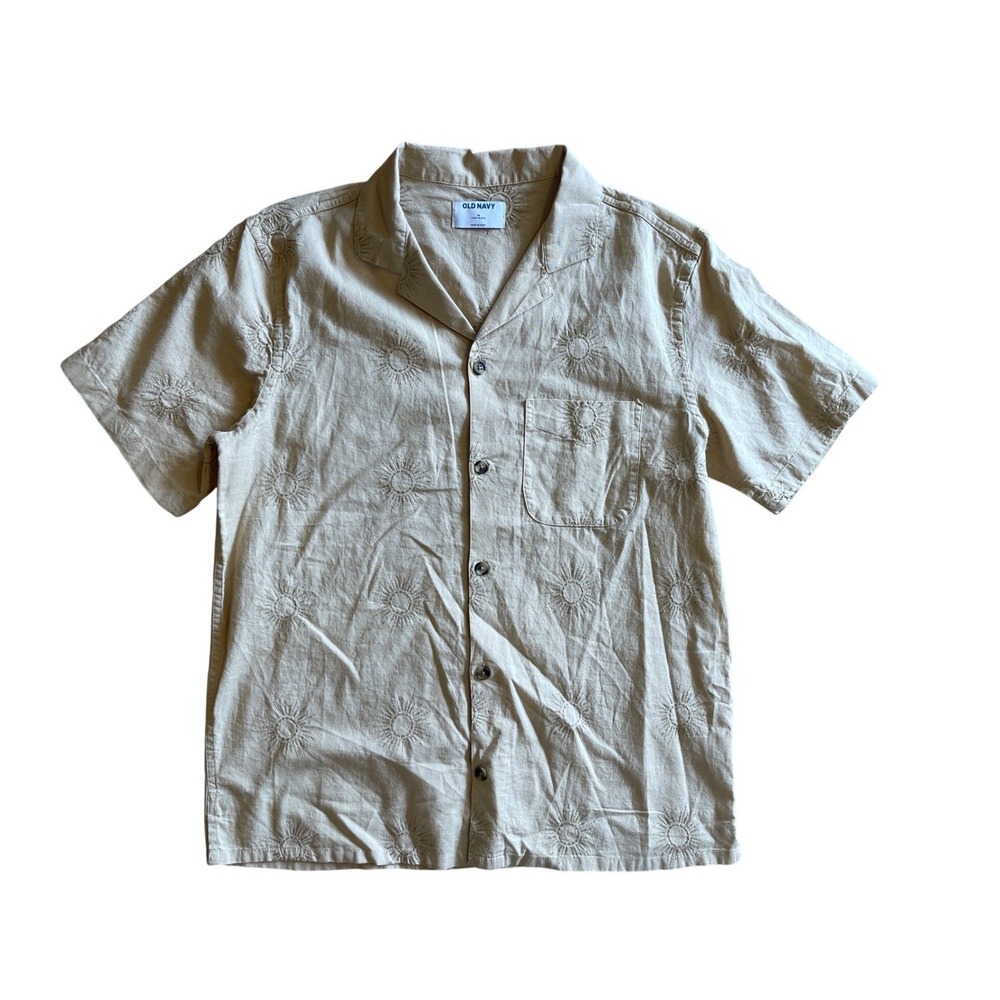 Old Navy Mens Sun Embroidered Camp Collar Shirt British Khaki Linen Blend M - Picture 1 of 8